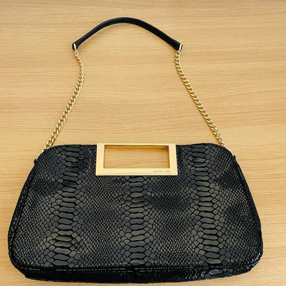 Michael Kors Black Python Embossed Patent Leather Berkley Clutch - Picture 7 of 10